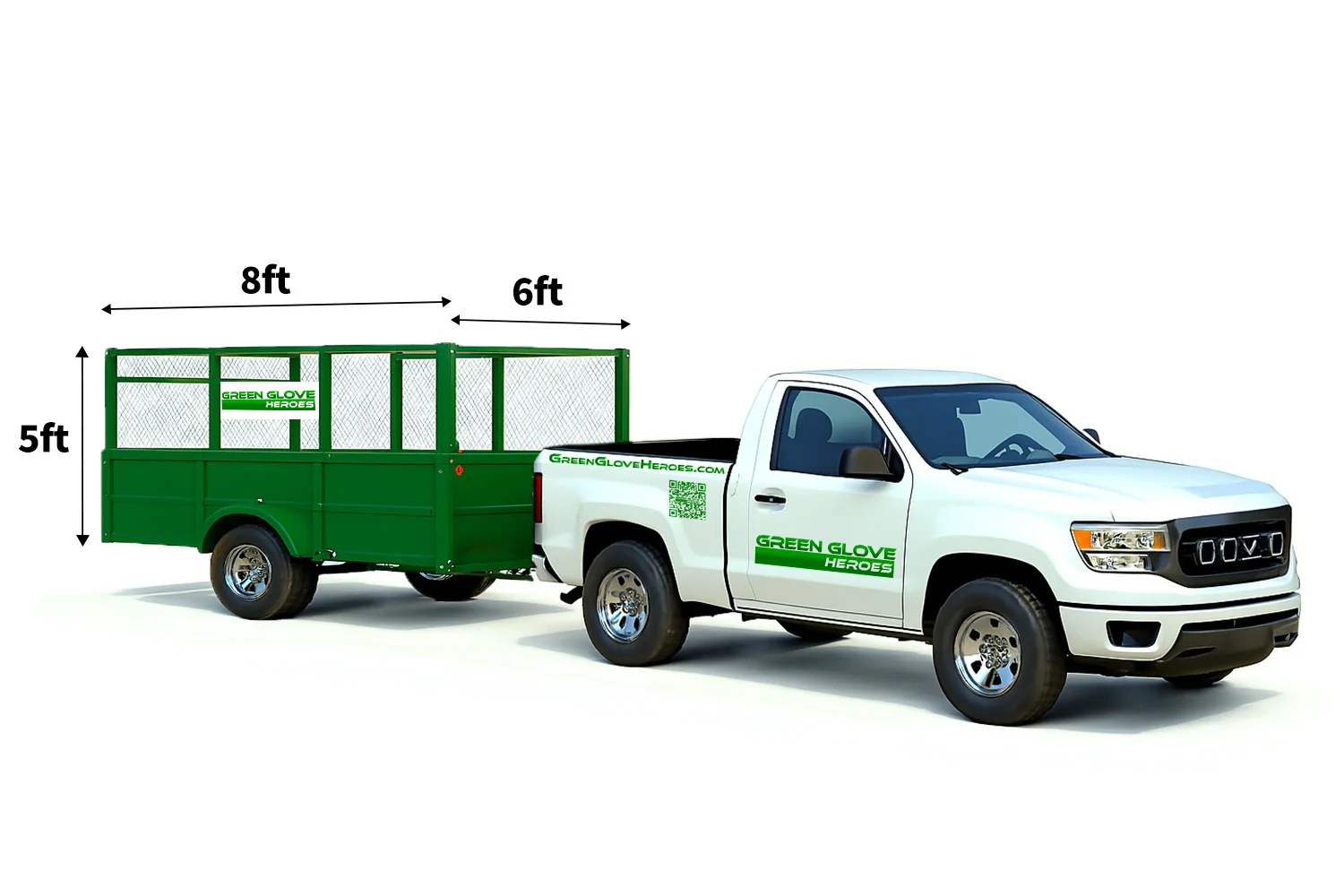 A Green Glove Heroes truck paired with a trailer, hauling up to 15 cubic yards