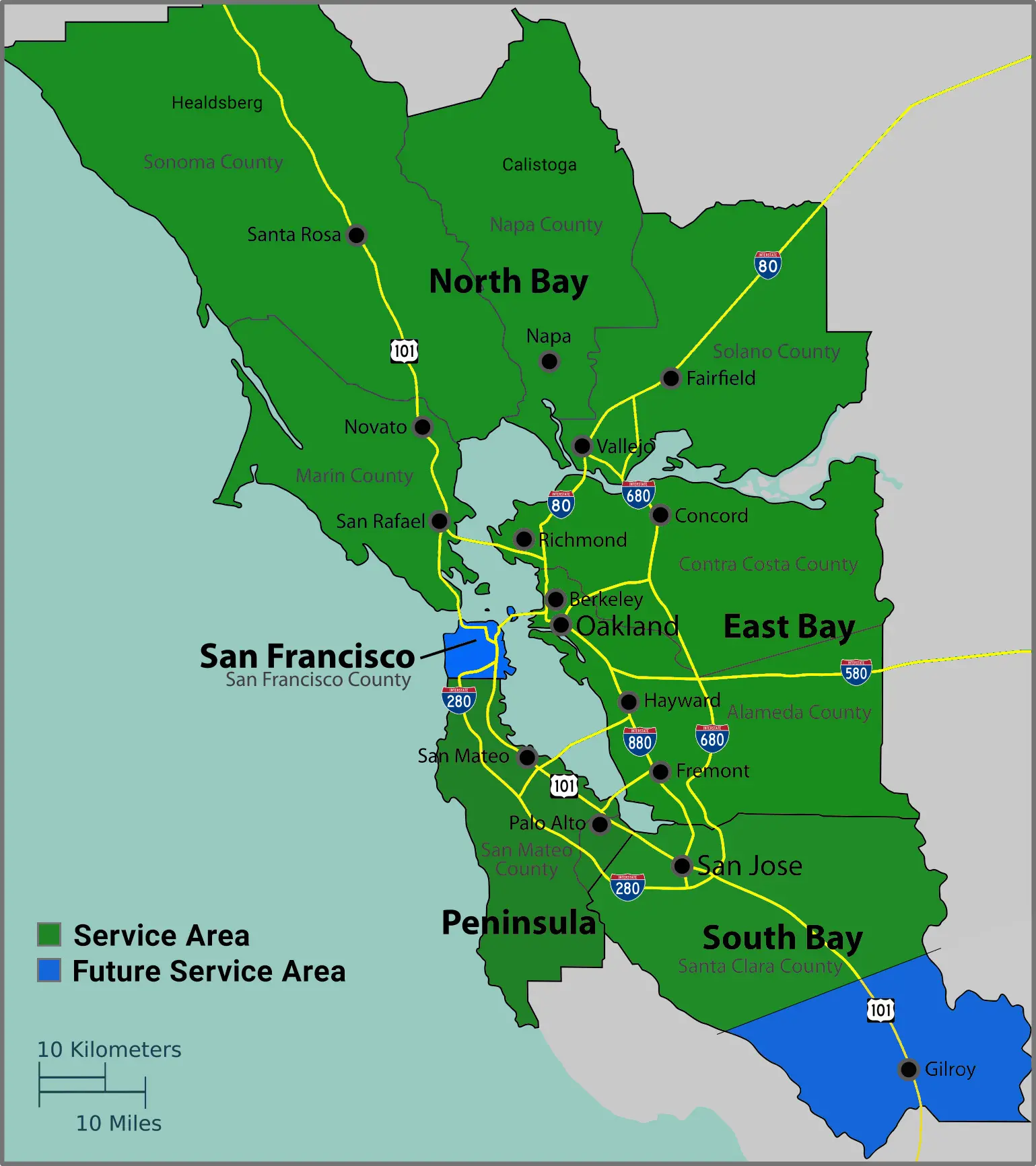 Map of the Green Glove Heroes service area across the San Francisco Bay Area