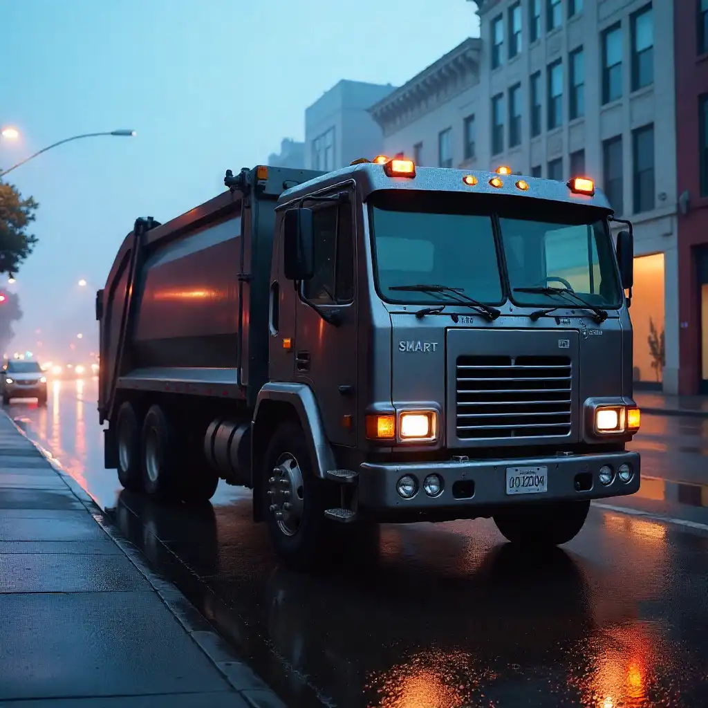 A modern waste collection truck servicing a residential street